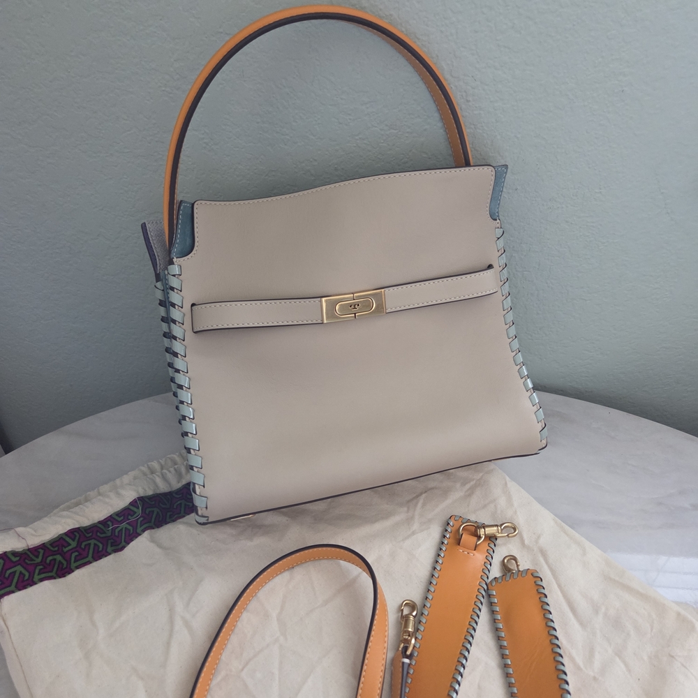 Tory Burch Cream & Light Blue Top-Handle Shoulder Bag with Tan Accents